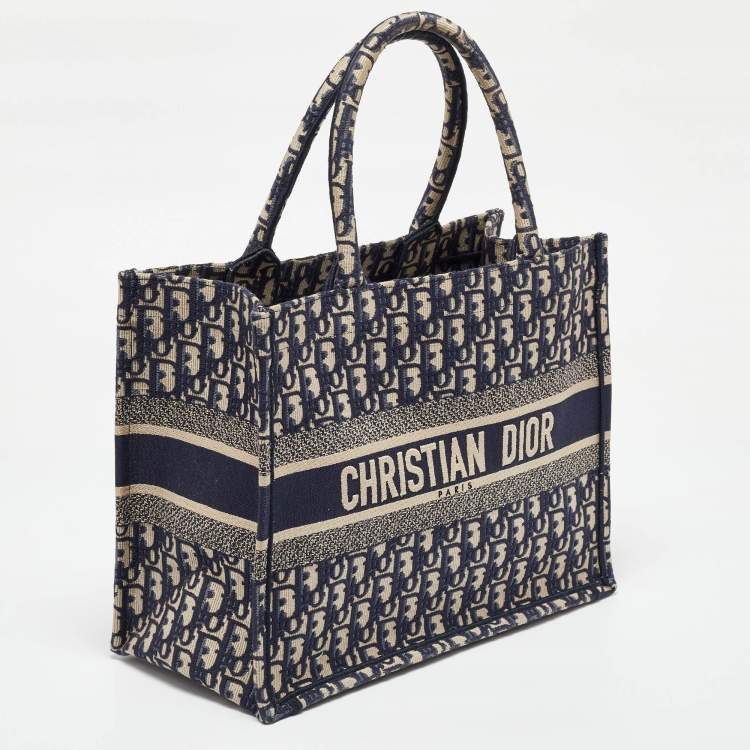 Pre Owned Dior Navy Blue Oblique Embroidered Canvas Medium Book Tote