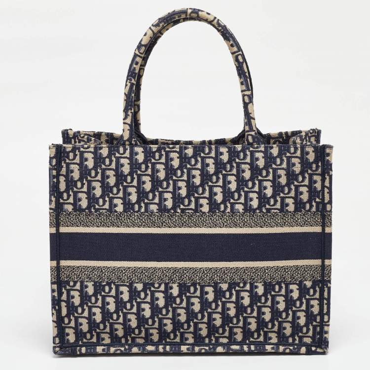 Pre Owned Dior Navy Blue Oblique Embroidered Canvas Medium Book Tote