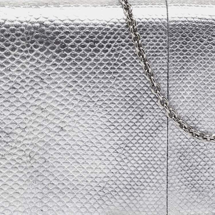 Pre Owned Dior Metallic Grey Lizard Lady Dior Long Chain Clutch