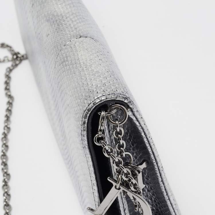 Pre Owned Dior Metallic Grey Lizard Lady Dior Long Chain Clutch