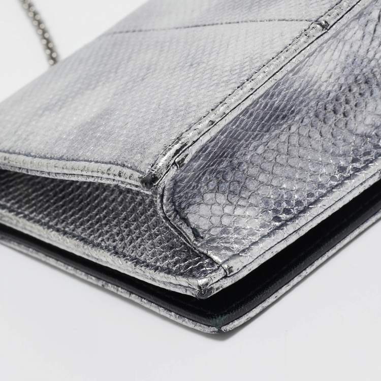 Pre Owned Dior Metallic Grey Lizard Lady Dior Long Chain Clutch