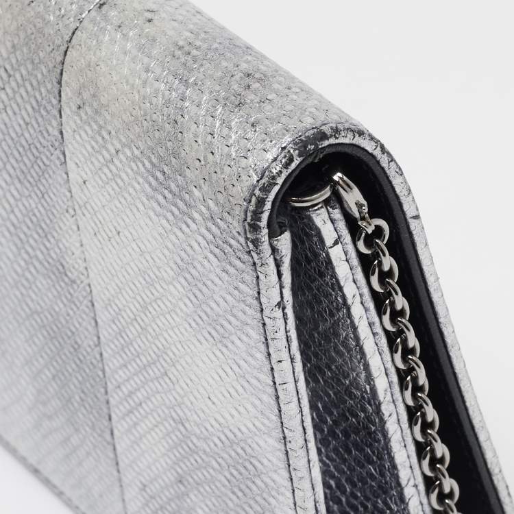 Pre Owned Dior Metallic Grey Lizard Lady Dior Long Chain Clutch