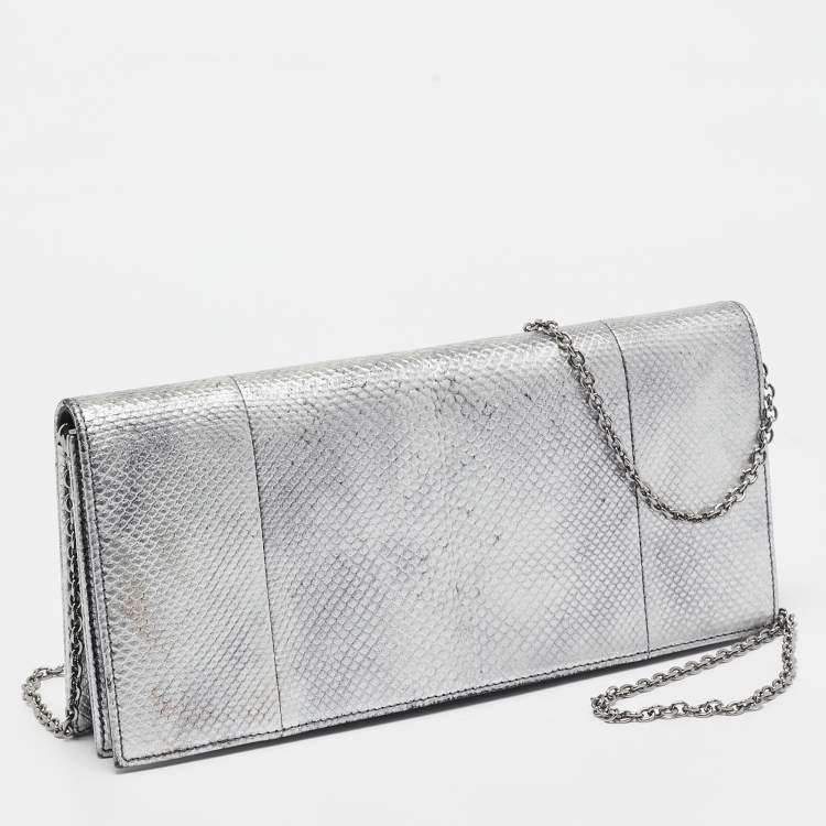 Pre Owned Dior Metallic Grey Lizard Lady Dior Long Chain Clutch