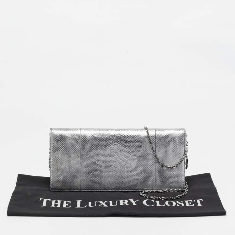 Pre Owned Dior Metallic Grey Lizard Lady Dior Long Chain Clutch