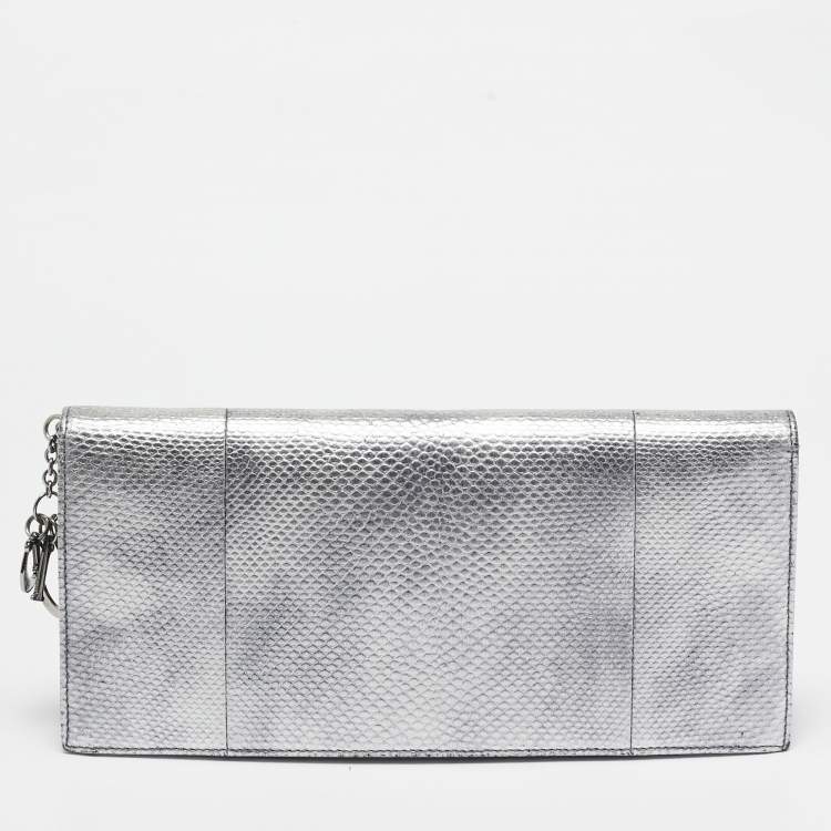 Pre Owned Dior Metallic Grey Lizard Lady Dior Long Chain Clutch