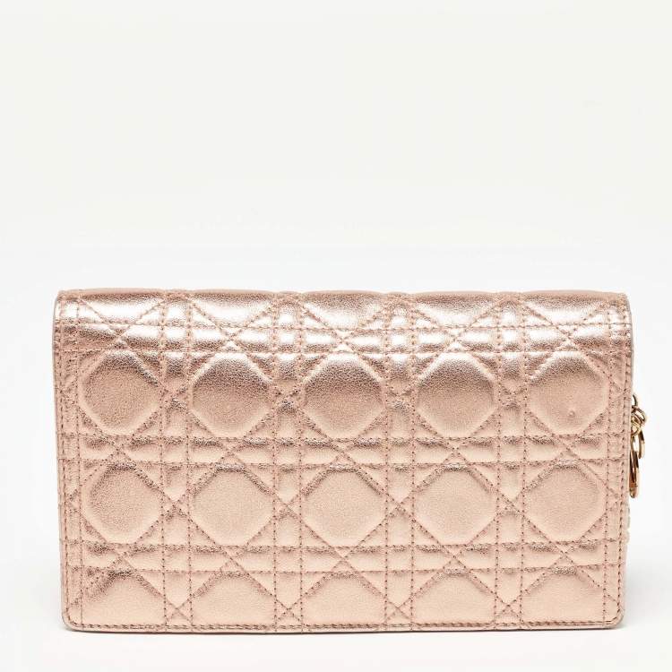 Pre Owned Dior Metallic Rose Gold Cannage Leather Lady Dior Clutch
