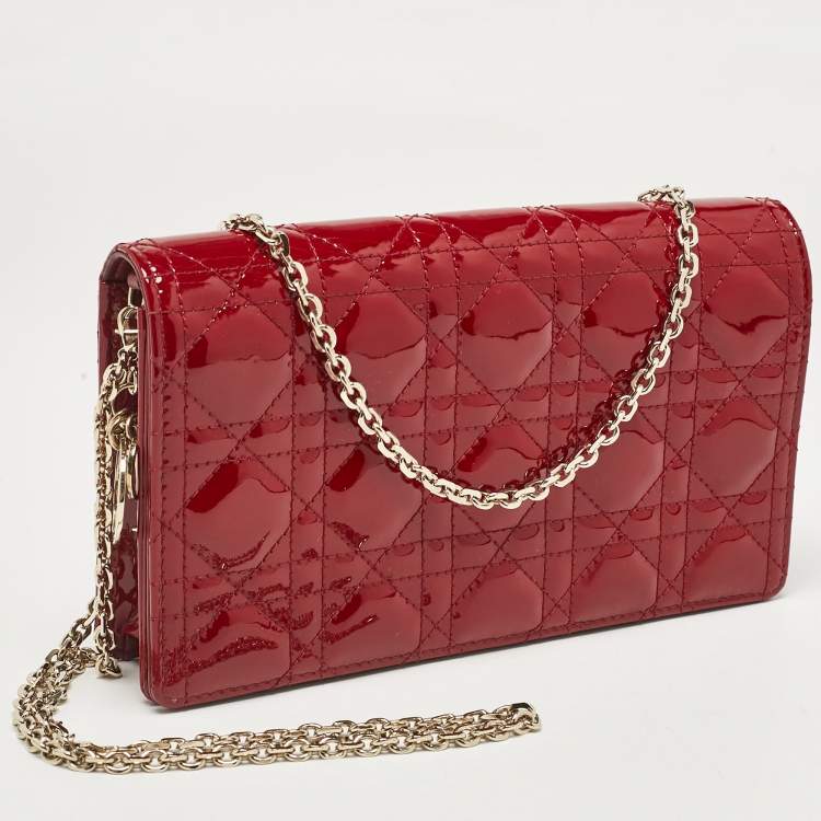 Pre Owned Dior Red Cannage Patent Leather Lady Dior Chain Pouch