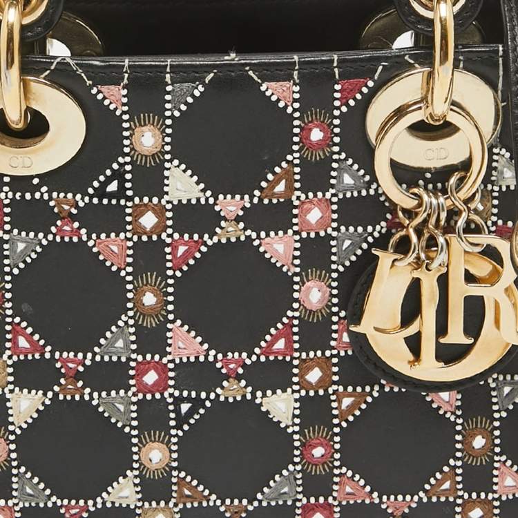 Pre Owned Dior Black Leather Mini Embroidered Beaded Lady Dior Tote