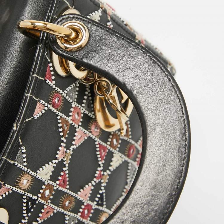 Pre Owned Dior Black Leather Mini Embroidered Beaded Lady Dior Tote