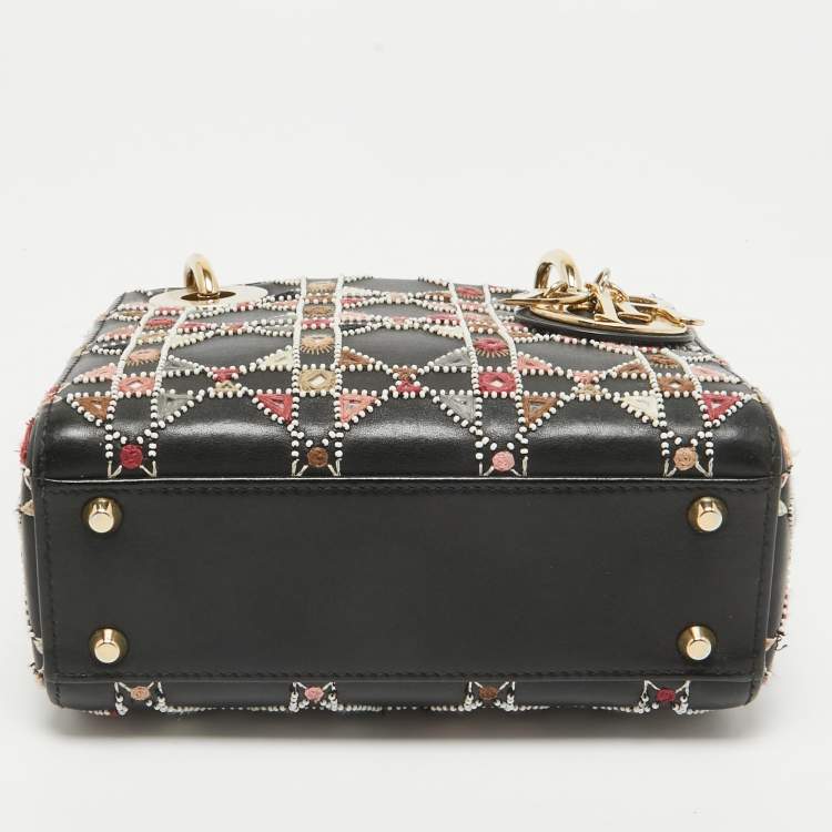 Pre Owned Dior Black Leather Mini Embroidered Beaded Lady Dior Tote