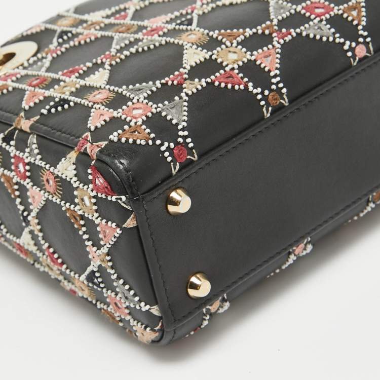 Pre Owned Dior Black Leather Mini Embroidered Beaded Lady Dior Tote