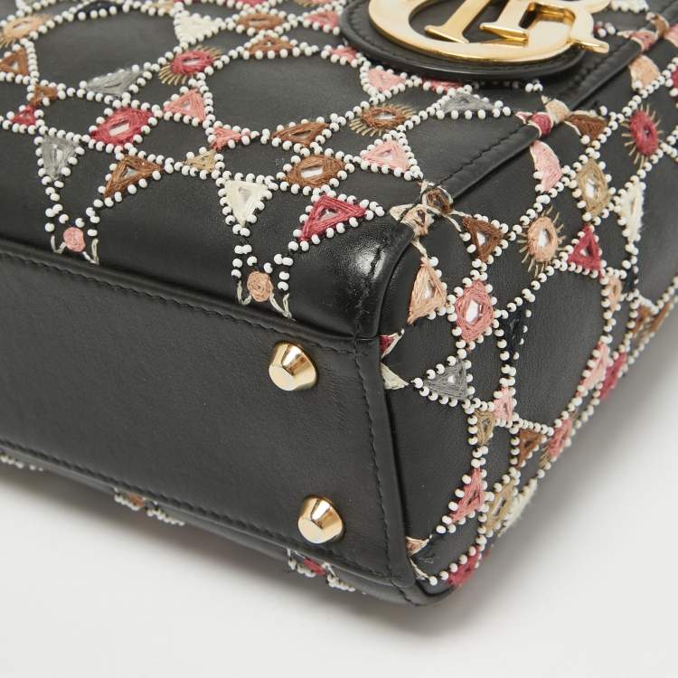 Pre Owned Dior Black Leather Mini Embroidered Beaded Lady Dior Tote