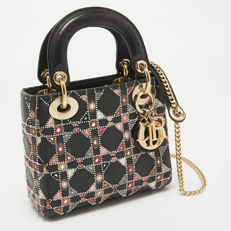 Pre Owned Dior Black Leather Mini Embroidered Beaded Lady Dior Tote