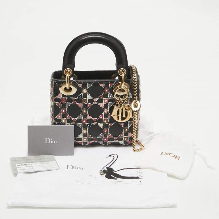 Pre Owned Dior Black Leather Mini Embroidered Beaded Lady Dior Tote
