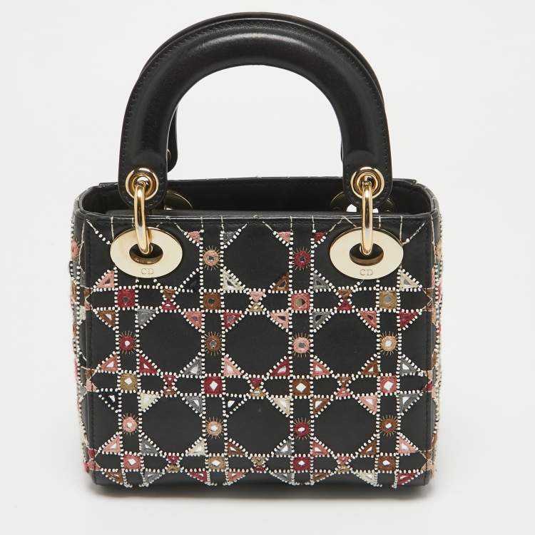Pre Owned Dior Black Leather Mini Embroidered Beaded Lady Dior Tote
