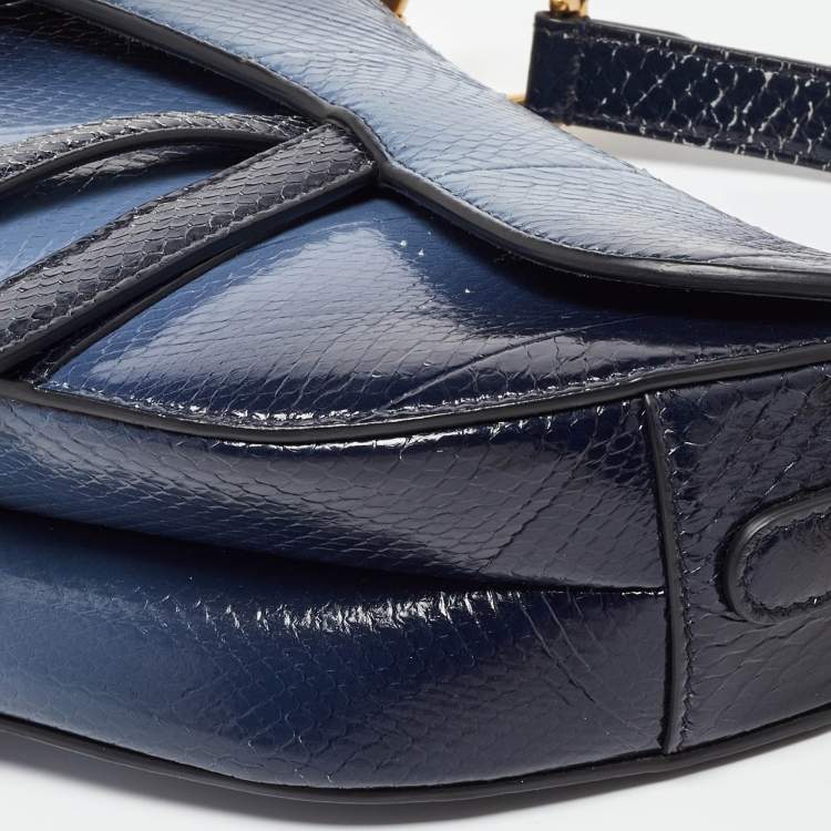 Pre Owned Dior Navy Blue Snakeskin Leather Classic Saddle Bag