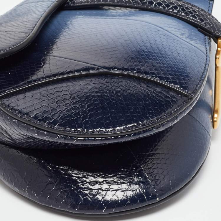 Pre Owned Dior Navy Blue Snakeskin Leather Classic Saddle Bag