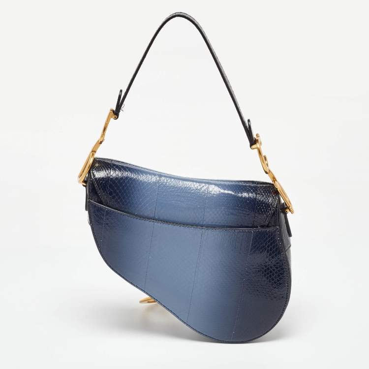 Pre Owned Dior Navy Blue Snakeskin Leather Classic Saddle Bag