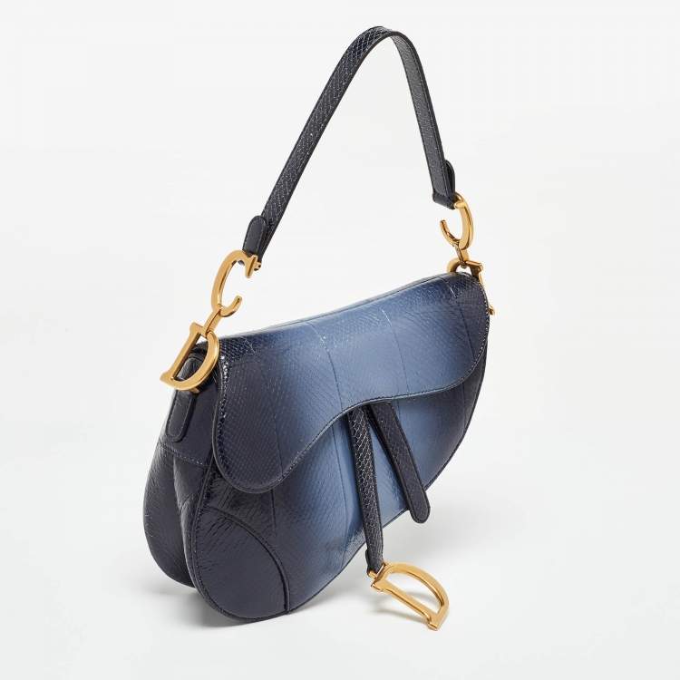 Pre Owned Dior Navy Blue Snakeskin Leather Classic Saddle Bag