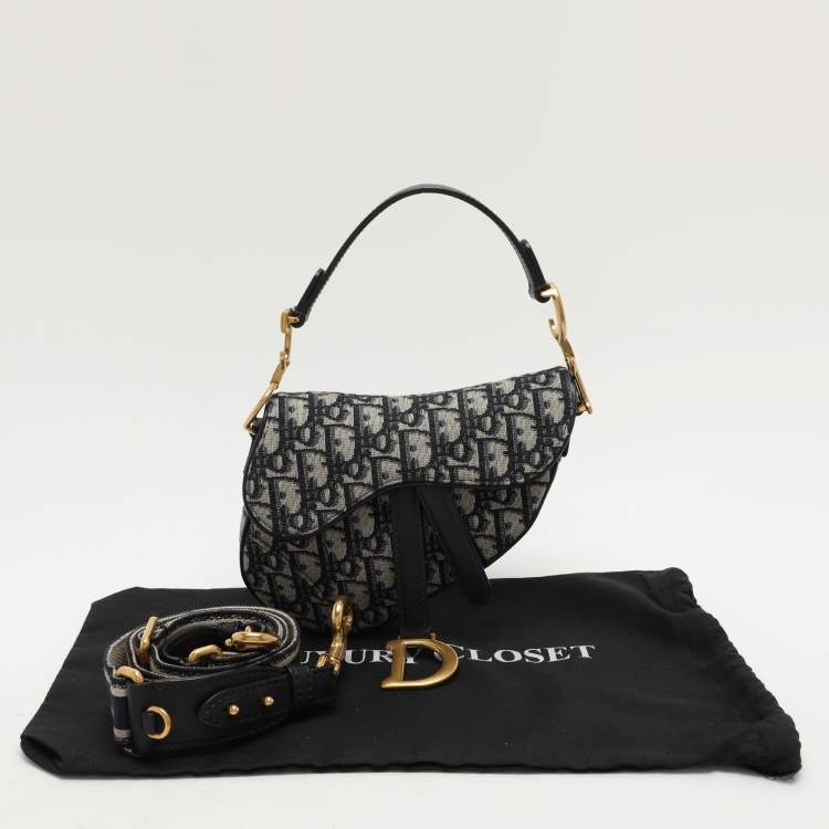 Pre Owned Dior Navy Blue Oblique Canvas and Leather Mini Saddle Bag
