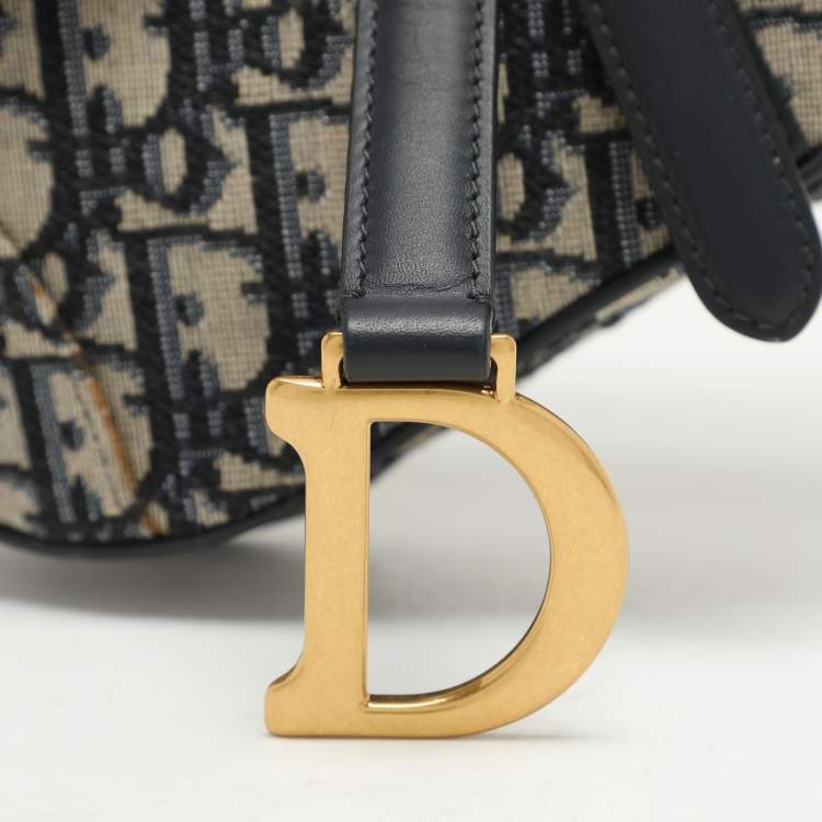 Pre Owned Dior Navy Blue Oblique Canvas and Leather Mini Saddle Bag