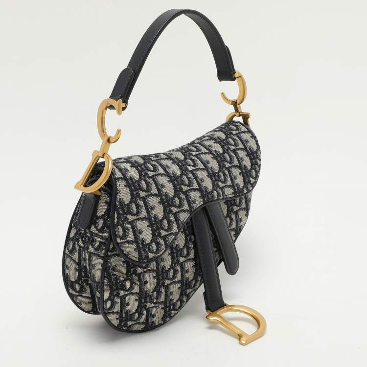 Pre Owned Dior Navy Blue Oblique Canvas and Leather Mini Saddle Bag