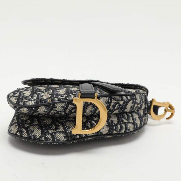 Pre Owned Dior Navy Blue Oblique Canvas and Leather Mini Saddle Bag
