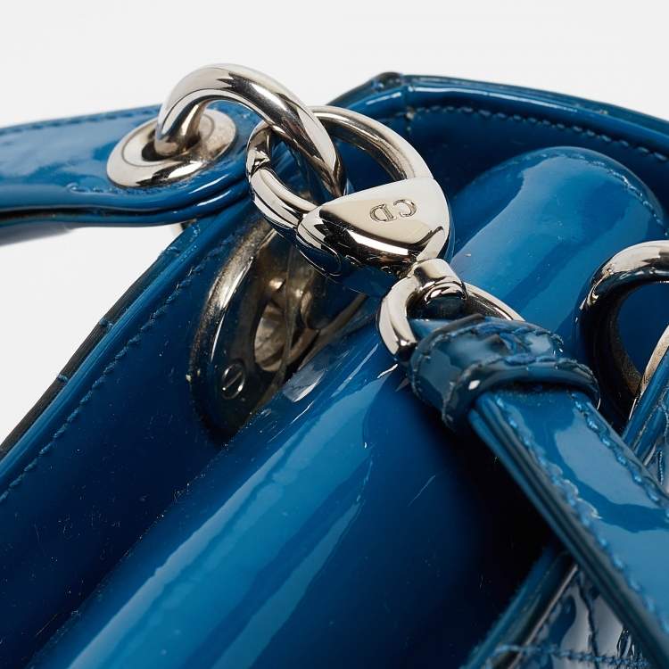 Pre Owned Dior Blue Cannage Patent Leather Mini Lady Dior Tote