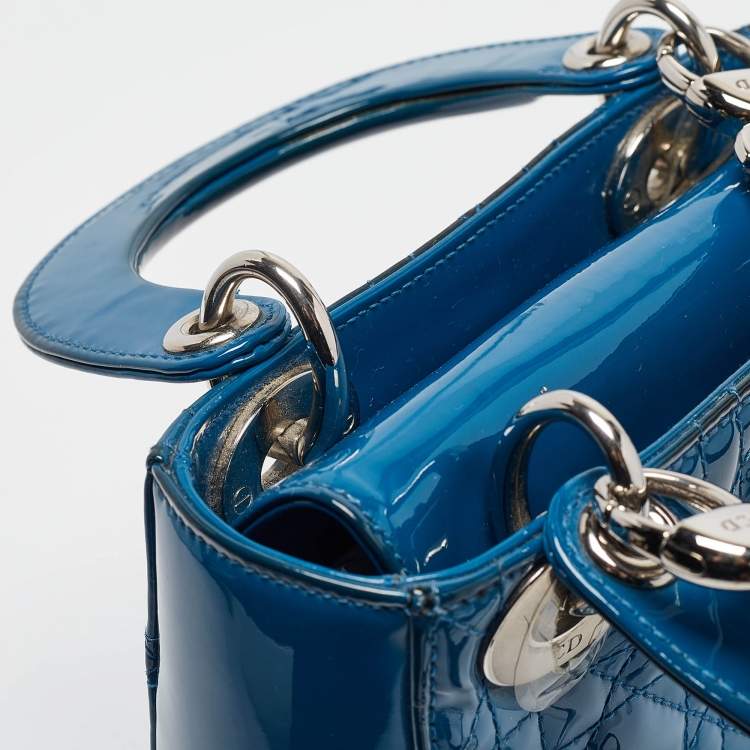 Pre Owned Dior Blue Cannage Patent Leather Mini Lady Dior Tote
