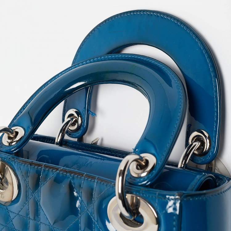 Pre Owned Dior Blue Cannage Patent Leather Mini Lady Dior Tote