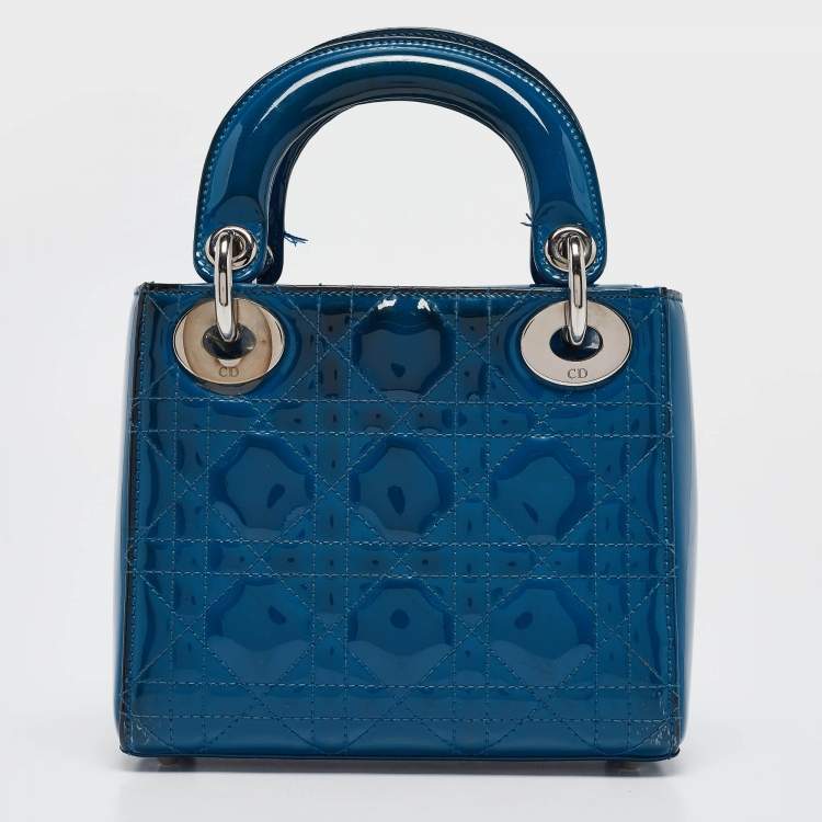 Pre Owned Dior Blue Cannage Patent Leather Mini Lady Dior Tote