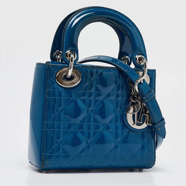 Pre Owned Dior Blue Cannage Patent Leather Mini Lady Dior Tote