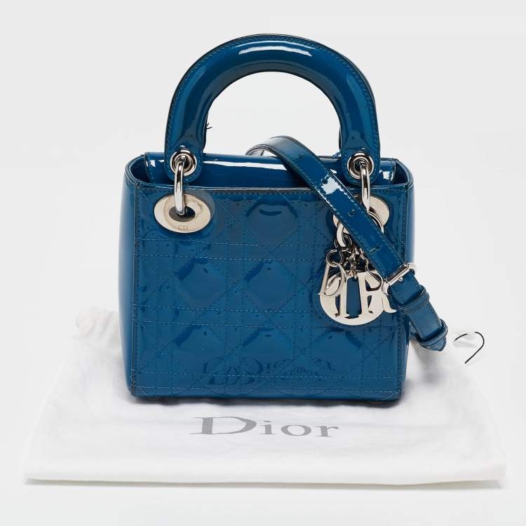 Pre Owned Dior Blue Cannage Patent Leather Mini Lady Dior Tote