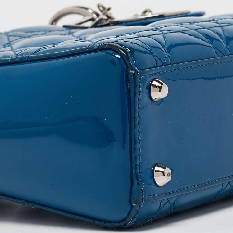 Pre Owned Dior Blue Cannage Patent Leather Mini Lady Dior Tote