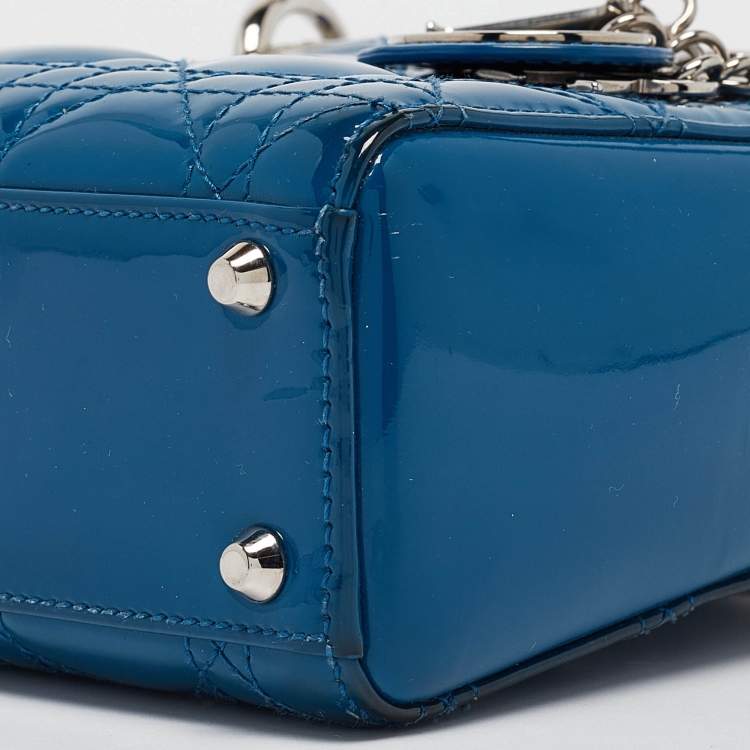 Pre Owned Dior Blue Cannage Patent Leather Mini Lady Dior Tote