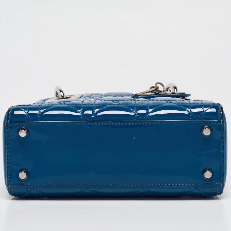 Pre Owned Dior Blue Cannage Patent Leather Mini Lady Dior Tote