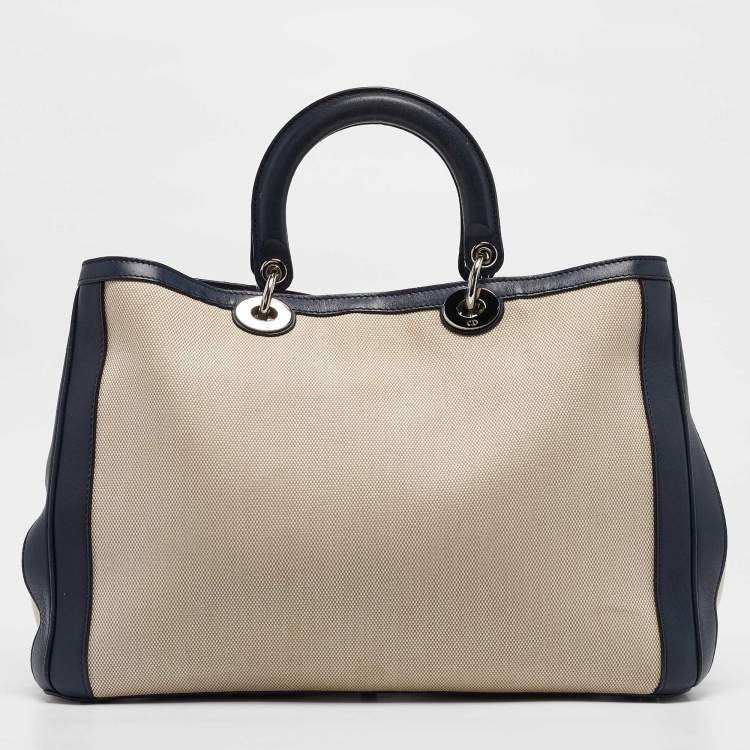 Pre Owned Dior Navy Blue/natural Canvas and Leather Large Diorissimo Shopper Tote