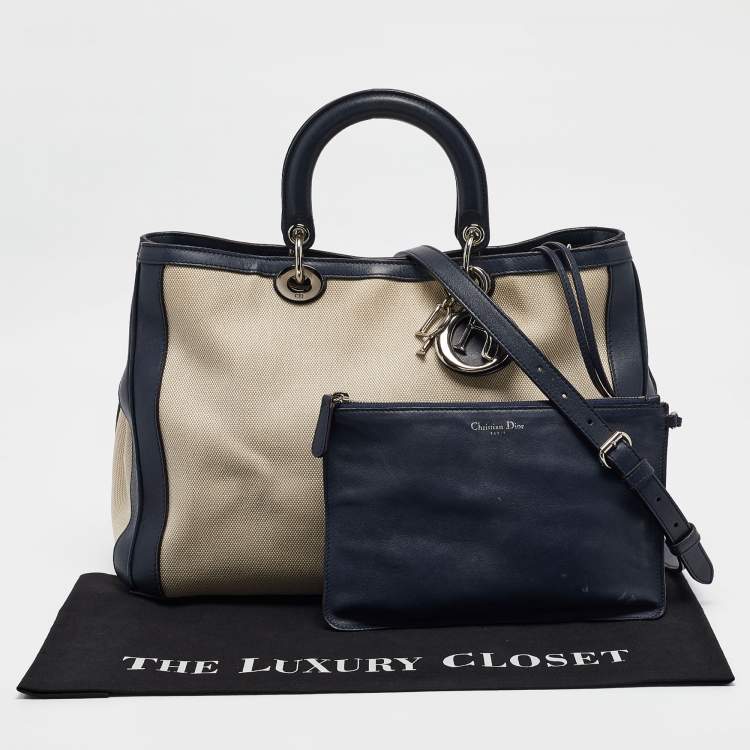 Pre Owned Dior Navy Blue/natural Canvas and Leather Large Diorissimo Shopper Tote