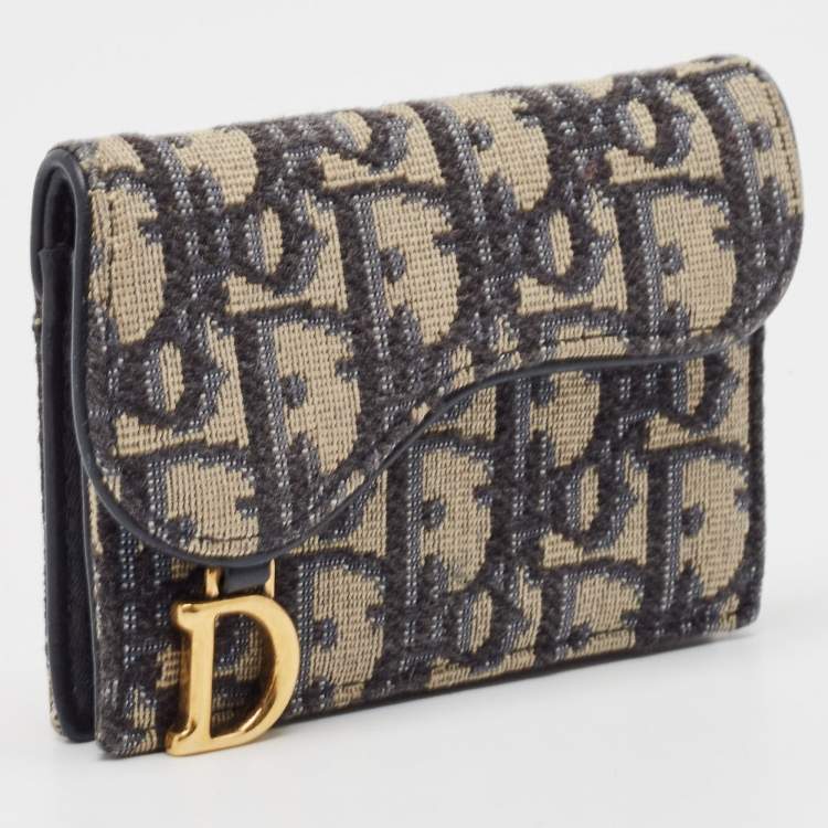 Pre Owned Dior Navy Blue Oblique Canvas and Leather Saddle Wallet