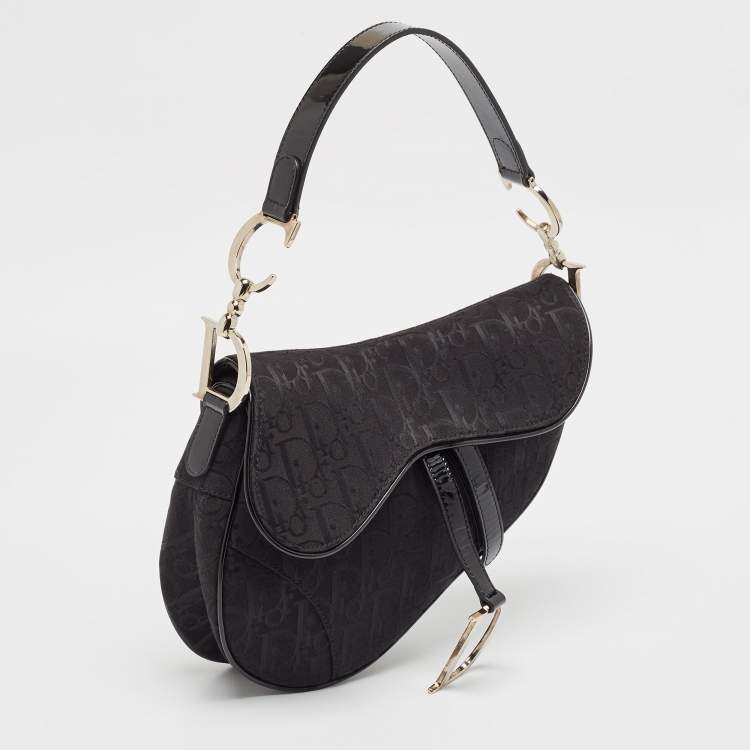 Pre Owned Dior Black Oblique Canvas and Patent Leather XS Saddle Bag