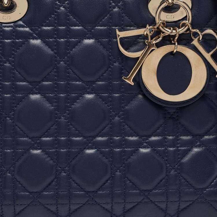 Pre Owned Dior Navy Blue Cannage Leather Medium Lady Dior Tote
