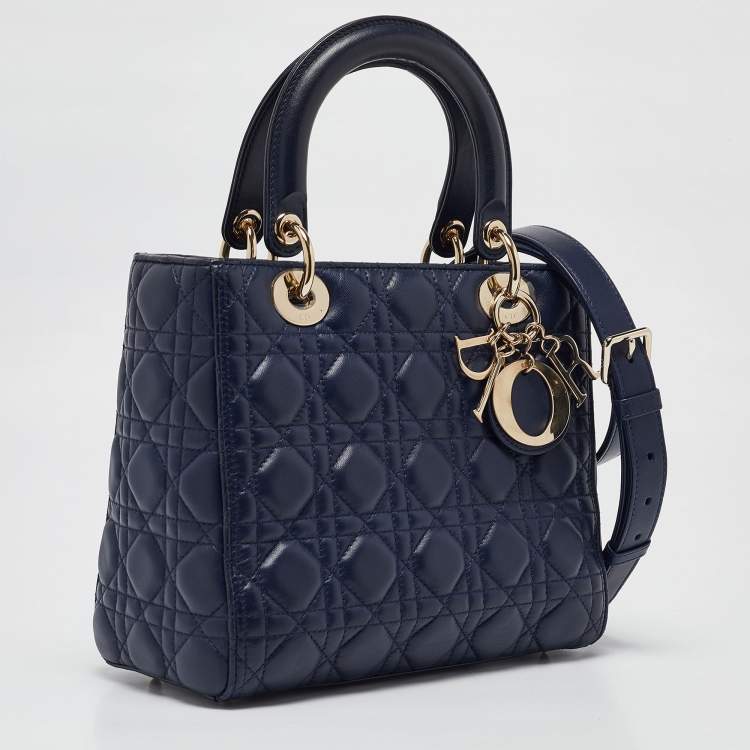 Pre Owned Dior Navy Blue Cannage Leather Medium Lady Dior Tote