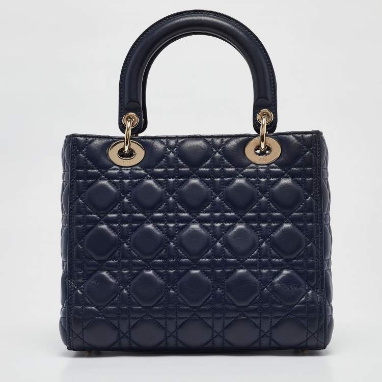 Pre Owned Dior Navy Blue Cannage Leather Medium Lady Dior Tote