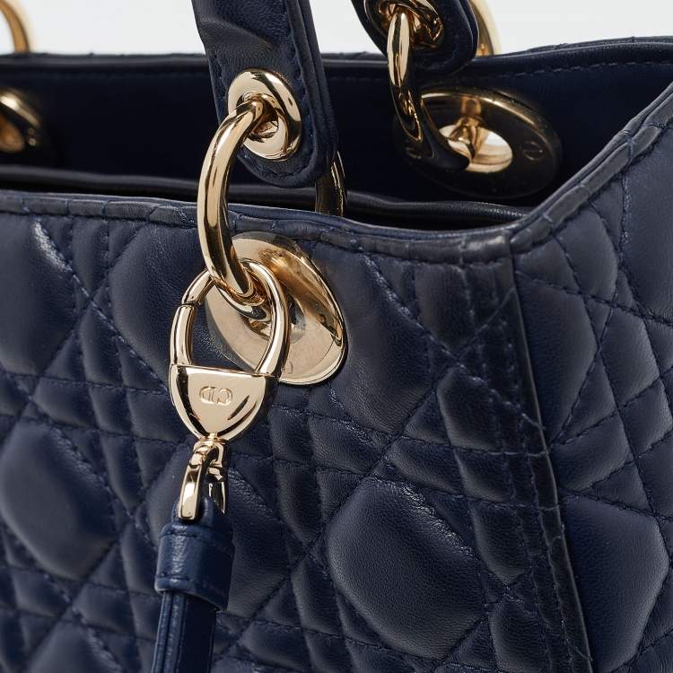 Pre Owned Dior Navy Blue Cannage Leather Medium Lady Dior Tote