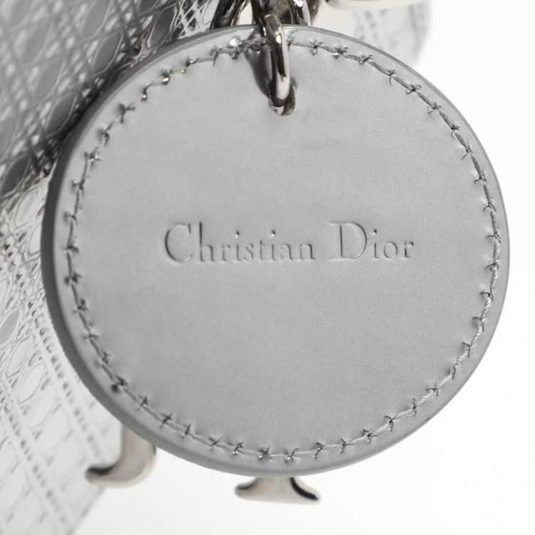 Pre Owned Dior Silver Cannage Leather Medium Lady Dior Top Handle Bag