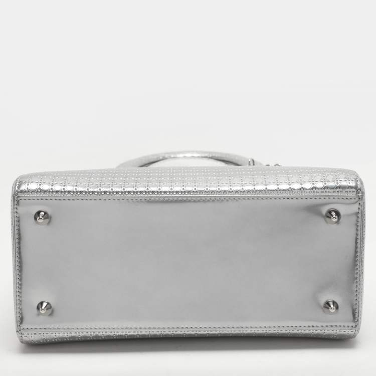 Pre Owned Dior Silver Cannage Leather Medium Lady Dior Top Handle Bag