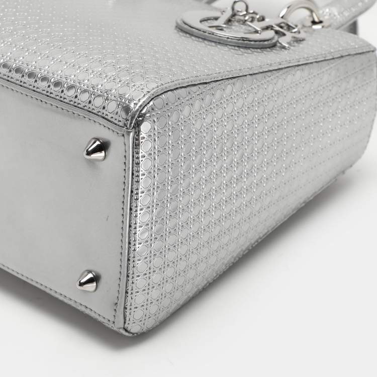 Pre Owned Dior Silver Cannage Leather Medium Lady Dior Top Handle Bag