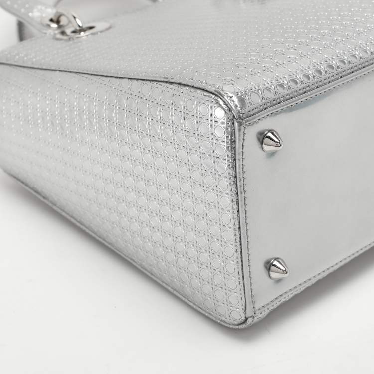 Pre Owned Dior Silver Cannage Leather Medium Lady Dior Top Handle Bag