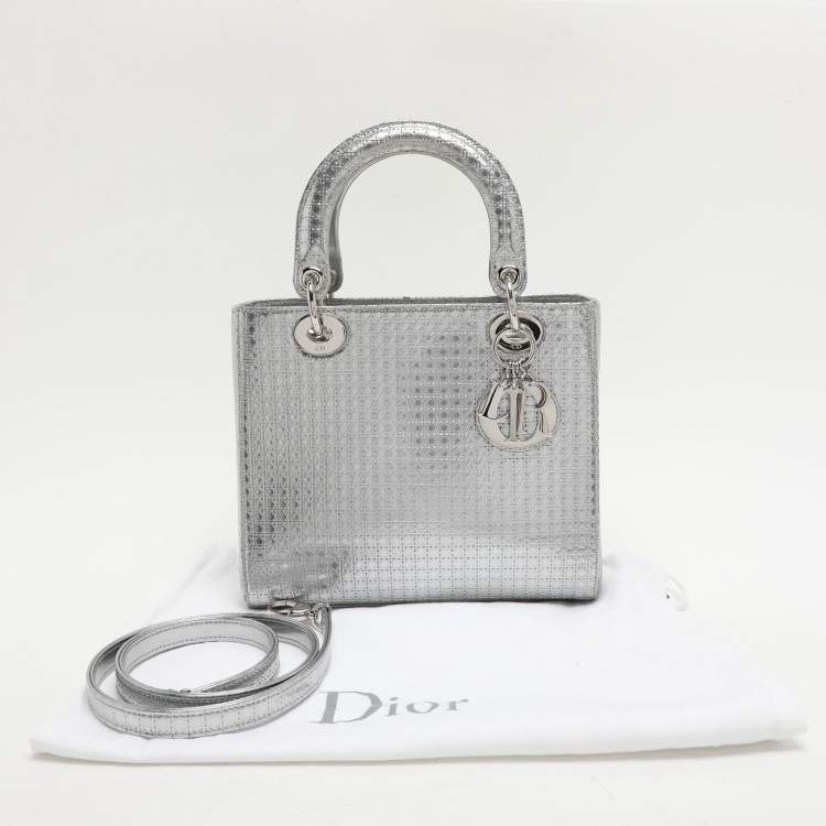 Pre Owned Dior Silver Cannage Leather Medium Lady Dior Top Handle Bag