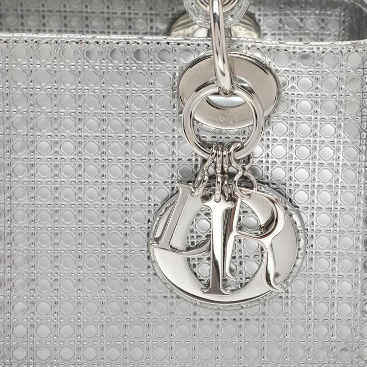 Pre Owned Dior Silver Cannage Leather Medium Lady Dior Top Handle Bag